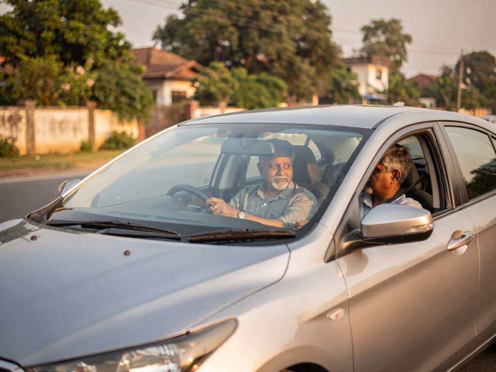 A confident driver on a quiet tree-lined road