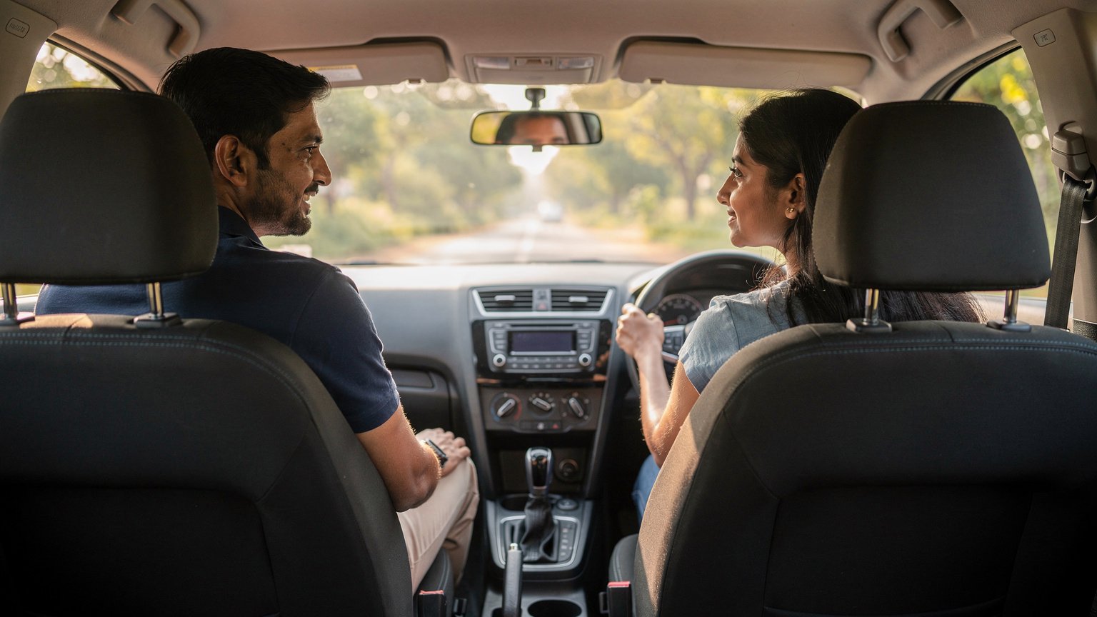 A learner driver at the wheel with her instructor seated beside her during a driving lesson